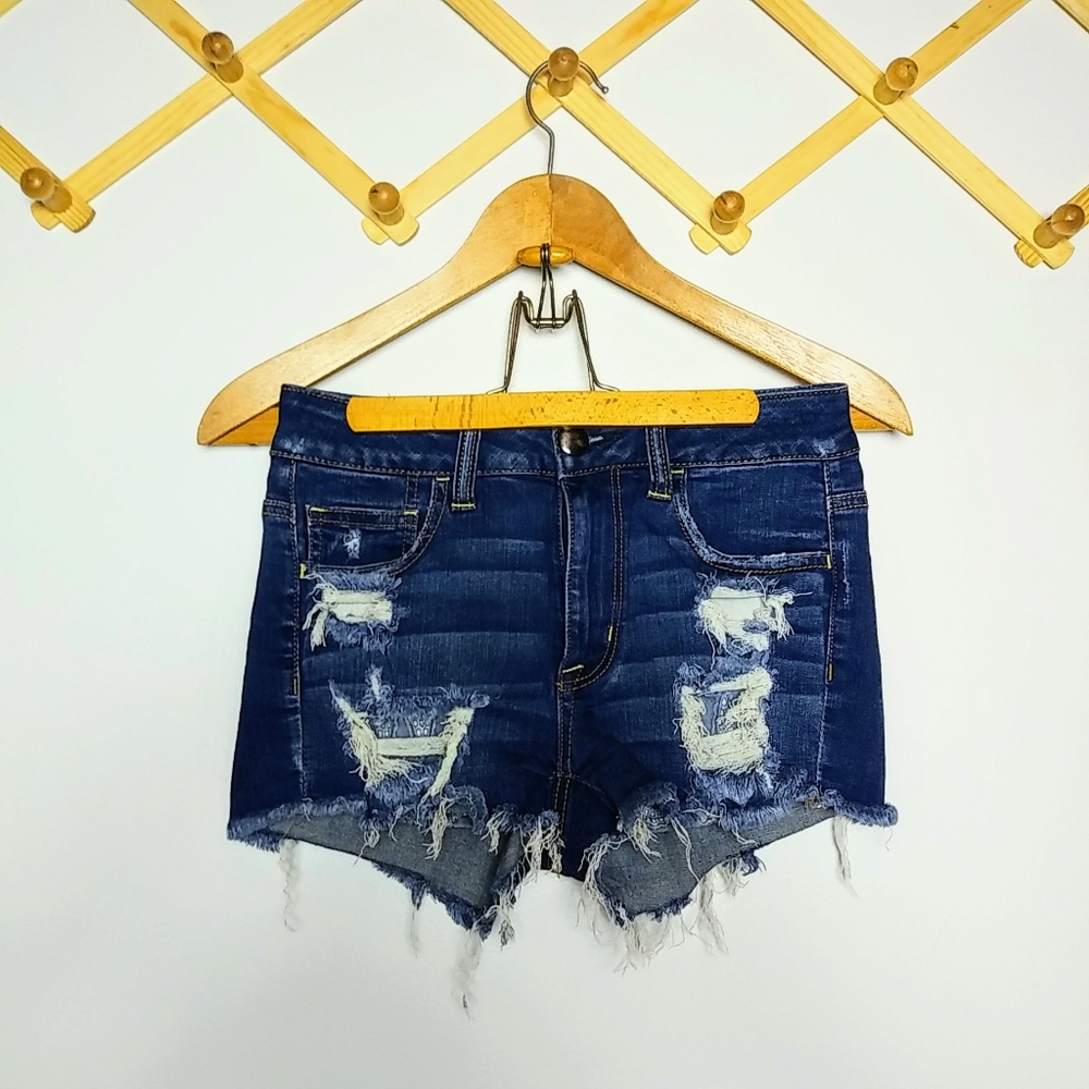 Hi-rise destroyed denim shorts